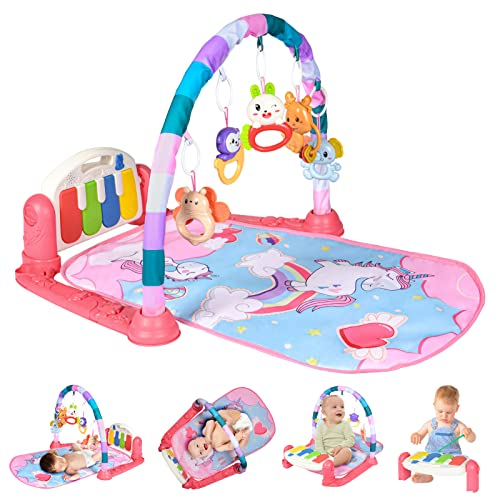AOMIG Tapis d'eveil Piano,Tapis d'eveil Bebe Tapis de Musical pour Bebe Contient 5 Jouets Suspendus Amovibles 3 Modes de Clavier de Piano Musical, avec Musique et Lumières,pour Naissance Bebe
