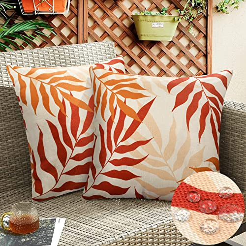 2 Stück Kissenbezug Frühling Sommer Outdoor Wasserdicht Sofakissen Wasserfest Dekokissen Kissenbezüge Rot Orange Gelb Blätter Dekorativ Kissen Kissenhülle Leinen für Garten Sofa Wohnzimmer 50x50 cm
