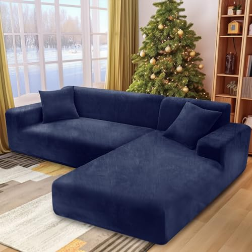NAKIHOUSE Dicke Samt Sofa Überwürfe Sofabezug mit einem Kissenbezug, Superweicher Elastische Sofa Abdeckung in Blau Farbe für 1/2/3/4 Sitzer(L-förmiges Ecksofa erfordert Zwei)