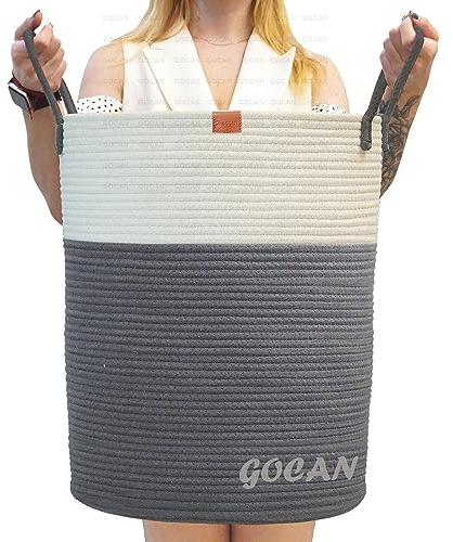 GOCAN große hohe robuste Wäsche Hamper Korb Gewebte Aufbewahrungskörbe für Kleidung Kissen Decke Spielzeug in Wohn- oder Schlafzimmer Dekoration H50XT38cm grau/beige