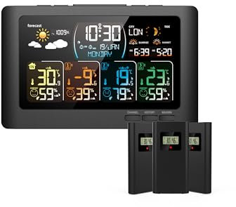 Kalawen Latest Upgrades Digital Weather Station with 3 Outdoor Sensors, MSF Wireless Digital Alarm Clock, Barometer, Temperature, Humidity Monitor, Weather Forecast for Home Garden