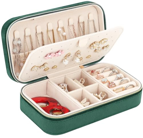 Jewellery Box Organiser, Mini Velvet Travel Jewelry Case with Zipper for Rings Earrings Necklace Bracelets, Small Portable Travel Jewellery Organiser Storage Case for Girls Women, Dark Green