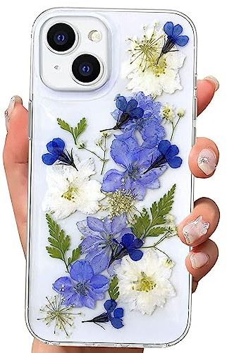 EYZUTAK Case for iPhone 15, Clear Handmade Real Dried Flower Leaf Embedded Pressed Floral Soft Gel TPU Flexible Rubber Protective Bumper Women Girls Thin Back Cover - Leaf & Flowers