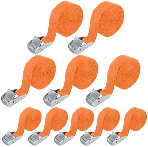 POWZOO 10 Pièces Sangle d'Arrimage, 4M x 25mm,Charge maximale 250 kg,pour Fixation Moto/Voiture/Porte Vélo/Bagage/Déménagement Puissance de Traction.(Orange)