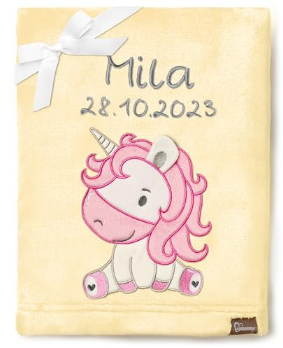 Be Mammy Personalisierte Babydecke mit 3D Applikation Warme Kuscheldecke mit Namen und Geburtsdatum; Perfektes Baby Geschenk; Blanket; Krabbeldecke BE20-280 (Gelb - Einhorn)