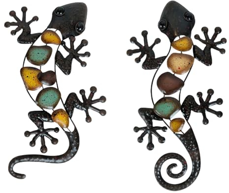 Dexlyn Metall Gecko Gartendeko,Metall Wanddekoration Eidechse Skulptur Hängende 20×40cm Braun (2)