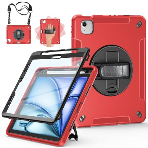 Miesherk Hülle für iPad Air 11 Zoll M3/M2 2025/2024 7./6. Gen: 3-Schichte robust stoßfest Case iPad Air 5/4 2022/2020-Displayschutzfolie-Stifthalter-Drehbarer Ständer-Handschlaufe-Schultergurt-Rot