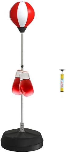 HOMCOM Standboxsack Punchingball auf höhenverstellbarem Standfuß 126-144 cm mit Handschuhen, Pumpe und Gewichtsbasis für Kinder und Anfänger rot