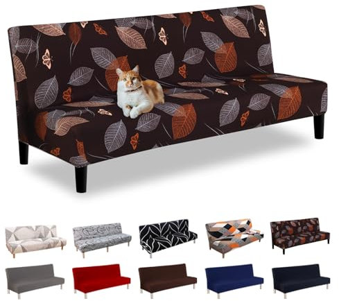Lydevo Sofabezug ohne Armlehnen 3 Sitzer Sofabettüberzug Stretch Armlehne Sofabettüberzug Sofabezug Armlos Clic Clac Elastisch Couchbezug Futon für Klappcouch ohne Armlehnen,Braune Blätter