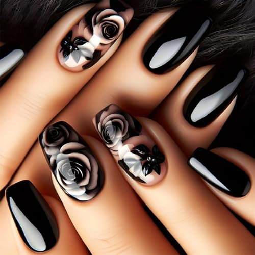Cosmeria Lot de 24 faux ongles à presser en acrylique brillant avec colle en gel pour femmes et filles Noir