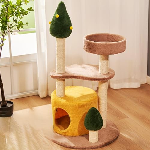 EKDJSN Cat Tree, with a Fun Cherry Lookout, Curved Platform, Round Extra-large Nest, Three Thickened Sisal Columns, Easy to Assemble, Pink/Yellow(Yellow)