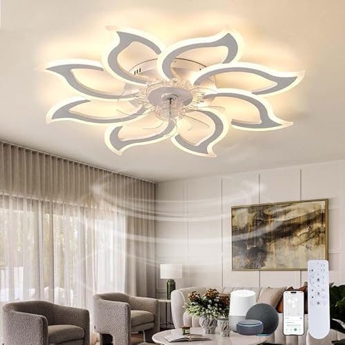 Large Ceiling Fan Light Bedroom Alexa LED Dimmable Ceiling Fans with Lights Reversible Modern Remote Control Silent Light Fan Ceiling Flower Smart 6 Speed Indoor for Living Room, Lounge, White