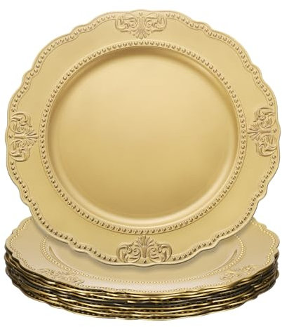 sourcing map 6pcs Gold Charger Plates Bulk, 13 Inch Plastic Chargers for Dinner Plates Set Round Plate Charger for Wedding Party Event Table Setting Decoration