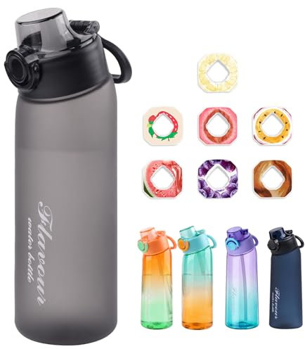 Metyniete Bouteille d'air, 900 ml, avec 7 capsules aromatisées, sans BPA, bouteille d'eau en Tritan, pour le sport, noire