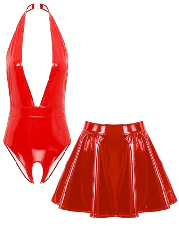 Freebily Damen Wetlook Catsuit Ouvert Stringbody Leder Mini Rock 2pcs Set Lack Leder Outfit Sex Erotische Wäsche