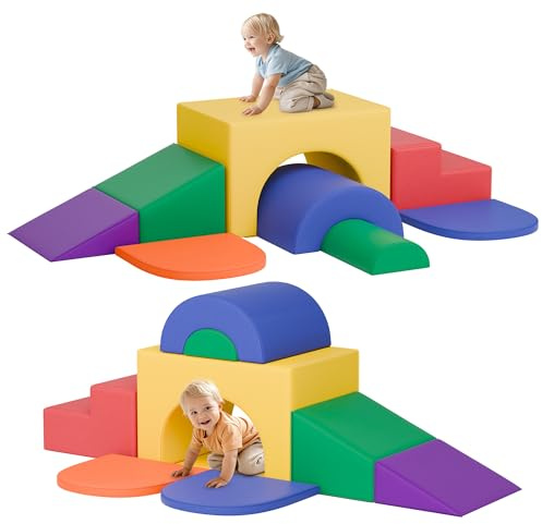 MU ‌Soft Climbing Toys for Toddlers, 7-Piece Baby Soft Foam Climbing Blocks, PU Leather Gym Climb and Crawl Activity Play Set, Indoor Climbing Toys for Kids and Children, Classic