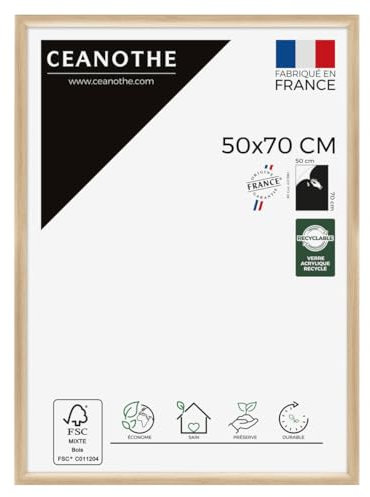 Ceanothe Cadre Photo 50x70 cm Bois Clair Naturel, Pour Exposition et Idéal pour A2 et Affiche Poster, Collection Essentiel Verre acrylique Incassable Fabriqué en France