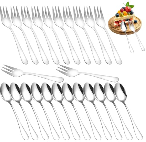 LOMUG Kaffeelöffel 12 Stück und Kuchengabeln 12 Stück Set, 24 Stück Teelöffel und Kuchengabeln Set, Kleine Löffel und Kleine Gabeln Edelstahl für Hause/Restaurant/Hotel, Spülmaschinenfest
