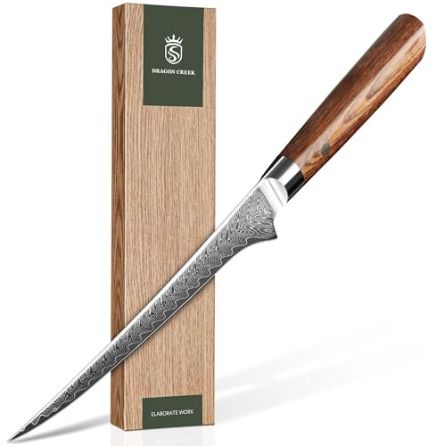Dragon Creek Cuchillo Deshuesador 19 cm Acero Damasco para Cocina | Cuchillo deshuesador de precisión; acero Damasco y mango ergonómico; ideal para preparar carne y pescado