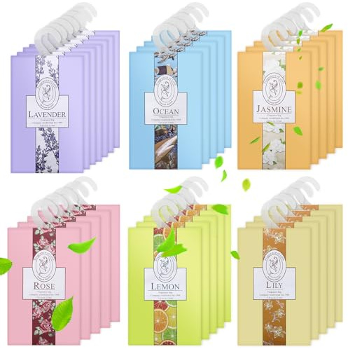 32 Pcs Wardrobe Fresheners with Hanging Sachets | Drawer Freshener Containing 6 Different Natural Fragrances, Scented Sachets for Wardrobes, Cars, and Drawers