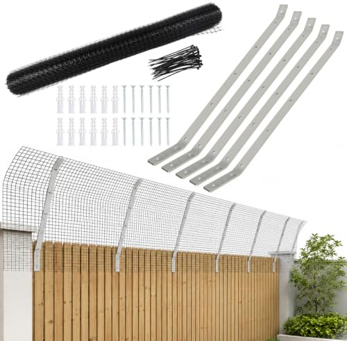 EUNEWR Katzennetz Schutznetz Set, Rostfreie Übersteigschutz Abwinklung mit 10m × 65cm Rollgitterzaun aus Kunststoff, 5 x 55 cm Gartenpfahl gewinkelt (5 Halterungen & 10m Katzennetz)