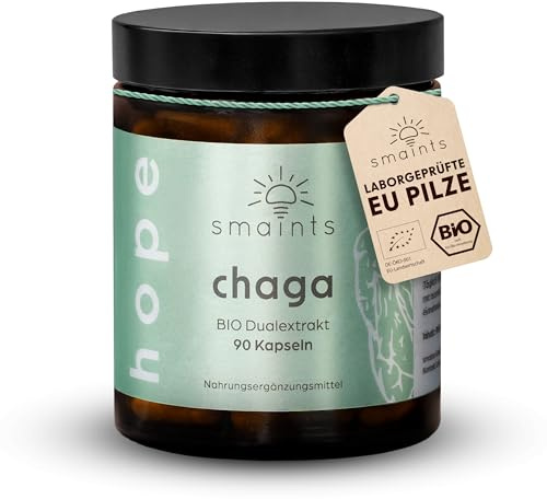smaints® BIO Chaga Dual-Extrakt Kapseln - 100% aus Bio Anbau in Europa - 90 Stk für 90 Tage - hochdosiert 400 mg pro Kapsel - Premium Chaga aus Wildsammlung von Birken - vegan & laborgeprüft