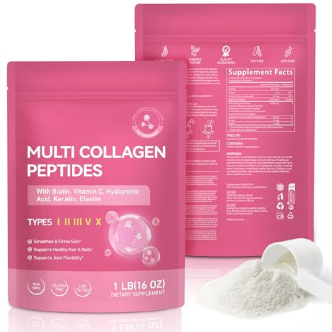 Collagen Powder 16oz -Multi Collagen Peptides Powder Collagen Supplements |5 Types I Ii Iii V X with Biotin, Vitamin C Hyaluronic Acid, Keratin & Elastin for Skin, Hair & Nails