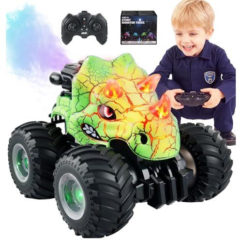 BEZGAR Monster Truck Toys, 1:18 Remote Control Monster Truck with Water Spray & Dancing Spins, 4WD RC Truck for Boys 4-7, RC Cars with 2 Batteries, Toys for 4+ Year Old Boys,Green
