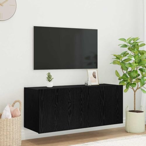 Ziaphsol Meuble TV Mural Chêne Noir 100 x 35 x 41 cm en Bois d'ingénierie avec LED changeantes, Montage Mural, Porte à charnières, idéal pour Salon, séjour ou Chambre