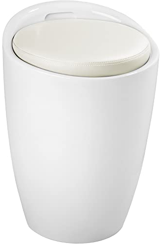 tectake® Sitzhocker, Badhocker, Hocker mit Stauraum und Sitzkissen, als Badezimmer Deko und Wäschekorb mit Deckel, Möbel für Dusche, Badezimmer, Hocker Schminktisch, Wäschekorb schmal, rund - weiß