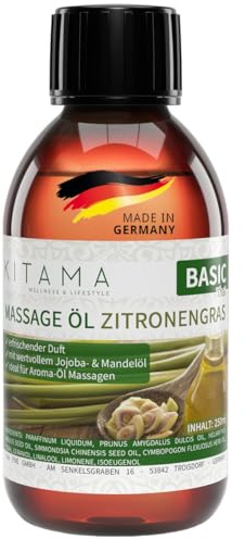 Kitama Massageöl Zitronengras 250ml Authentisches Aromaöl, made in Germany | Spritziger Lemongrass-Duft für pflegende Anwendungen daheim & in Thaimassage. Haut- plus Körperpflege für Wellness & Spa