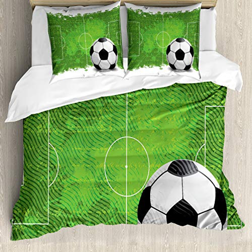 ABAKUHAUS Fußball Bettbezugs Set Für Doppelbetten, Grunge Fußball-Entwurf, Milbensicher Allergiker geeignet mit Kissenbezügen, Grün Schwarz Weiß