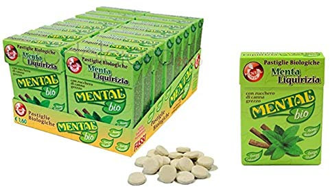 Mental Menta Liquirizia 16 Astucci. Caramelle Senza Glutine, Senza Coloranti, con Zucchero di Canna Grezzo. Solo Aromi Naturali. Confezione da 16 Astucci