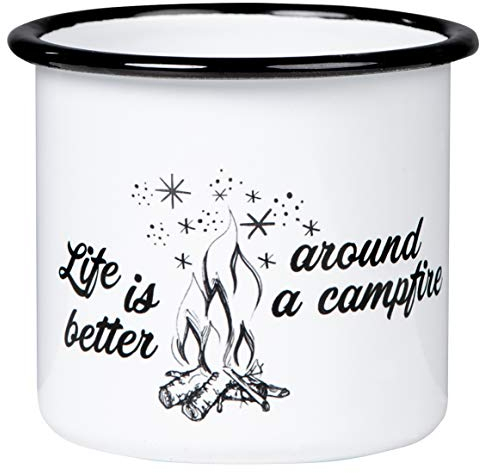 MUGSY Emaille Tasse, Lagerfeuer-Motiv, 300ml, bruchfest & leicht, Outdoor Becher für Camping