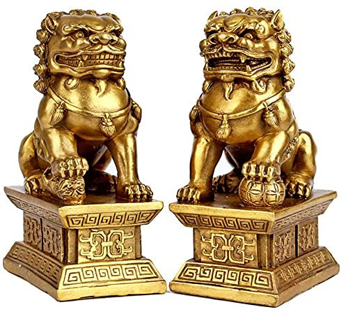Löwen Paar Fu FOO Dogs Statuen (1 Paar), Messing Chinesische Feng Shui Decor Wohlstand Zubehör, Haus- und Bürokulpturen