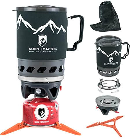 ALPIN LOACKER Storm Kit Pro Camping Gaskocher Set mit Piezozündung I Outdoor und Indoor Campinggaskocher I Leichter Campingkocher mit 1000ml Topf