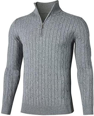 Fanient Men's Half Zip Jumper Knitted Sweater Grey Long Sleeve Upper Outer Garment, Size L