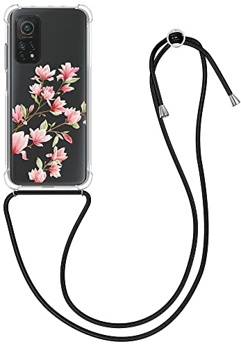 kwmobile Necklace Case kompatibel mit Xiaomi Mi 10T / Mi 10T Pro Hülle - Silikon Cover mit Handykette - Rosa Weiß Transparent Magnolien