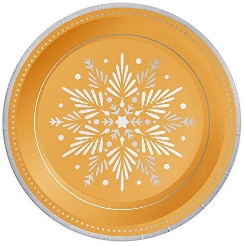 Horeca Collection 8 pezzi. Piatti monouso Ø 18 cm. Piatti in cartone biodegradabili per Natale e Capodanno Colore Oro con Motivi Fiocco di Neve, 100% riciclabili Celebrazioni ed eventi.