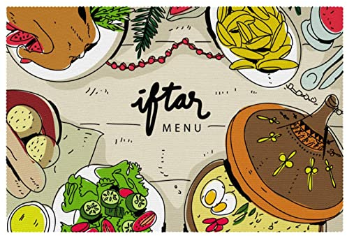 Iftar Ramadhan Menú de comida en tajine tradicional, juego de 1 manteles individuales para mesa de comedor, lavable, antideslizante, para Navidad, vacaciones, cumpleaños, fiesta