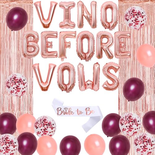 Wine Theme Bachelorette Party Decorations with Vino Before Vows Balloon Banner, Bride to Be Sash, Champagne Bottle Glass Diamond Ring Foil Balloon, Tinsel Foil Fringe Curtain for Bridal Shower Party