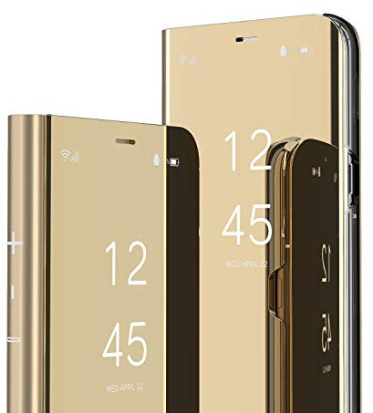 KBIKO-zxl Compatible with iPhone 13 Pro Max Case, Mirror Makeup Clear View Window Slim Cover Scratchproof with Kickstand Full Body Protective Cover for iPhone 13 Pro Max. Mirror Gold QH