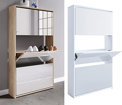 VCM Holz Schuhschrank | Maße: H. 112 x B. 63 x T. 17 cm | 3 Klappen mit Spiegel - Stido XL