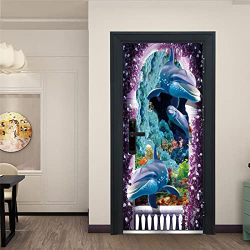 Stickers Porte 3D Dauphin Animal Du Monde Sous-Marin 77X200cm Papier Peint Poster De Porte Trompe L'Oeil Pour Maison Décoration Salon Chambre Autocollant Muraux Imperméable Stickers Amovibles