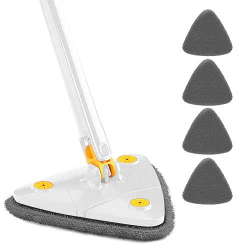 Mopa Limpieza Triangular Ajustable, Fregona limpiadora de Paredes con 4 paños de microfibra, FuncióN Exprimido AutomáTico Agua Mopa Giratoria TelescóPica para Suelo Casa Ventana y Pared