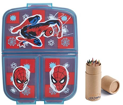 OM SUPPLIES Spiderman Reusable Sandwich Lunch Box 3 Multi Compartment Kids Children School Includes Half Size 12pcs Pencil Set (Spiderman)