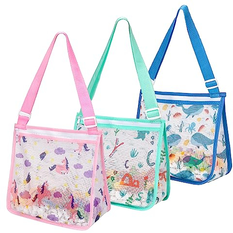 Strandtasche für Kinder 3 Stück Strandspielzeug Tasche Sandspielzeug Tasche Muschel-Sammelbeutel mit verstellbaren Riemen Mesh Beach Bag für Jungen und Mädchen B