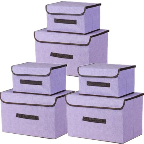 NCRGB 6 Stück Stoff Faltbare Aufbewahrungsboxen mit Deckel(36cm/3 Pack+26cm/3 Pack) Stoffaufbewahrungsbehälter mit Deckel,Kleiderschrank Organizer für Kleideraufbewahrung,Raumorganisation-Violett