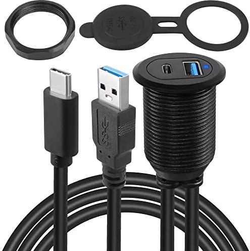 QIANRENON USB C3.1 & USB3.0 Embedded Car Waterproof Cable 10Gbps USB Type C 3.1 & USB3.0 Threaded Mounting Extension cable, PD65W,Support 4K Video,LED,Al housing,for dashboard car boat Moto,2M/6.5ft