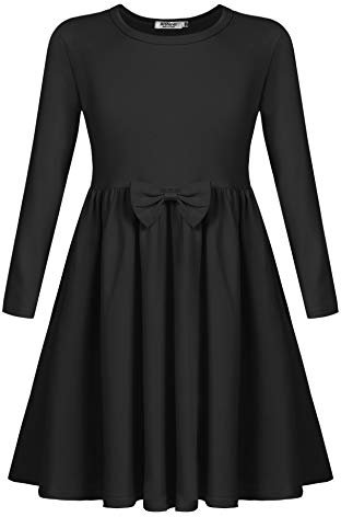 Arshiner Girls Casual Dress Long Sleeve Children Dresses with Bow Tie Winter Autumn Kids Dress A-line Cotton Solid Color Basic Dresses for Girls 9-10 Years Black